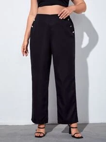 Plus High Waist Buttoned Detail Wide Leg Pants