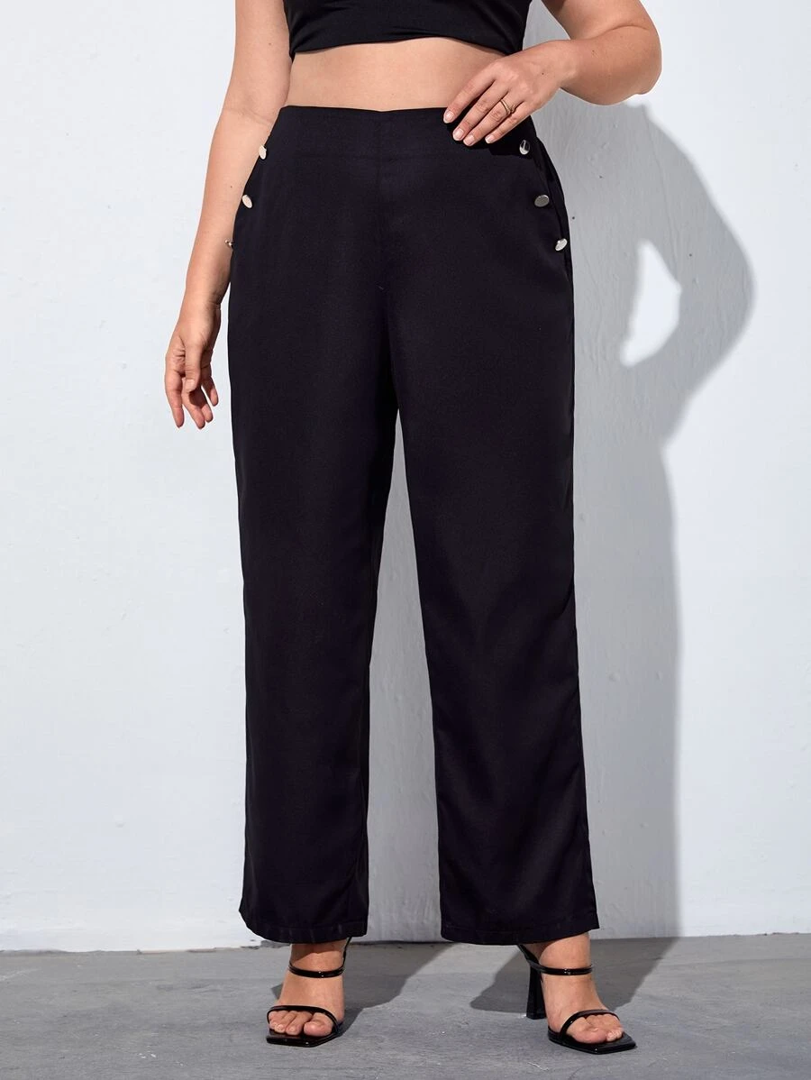 Plus High Waist Buttoned Detail Wide Leg Pants