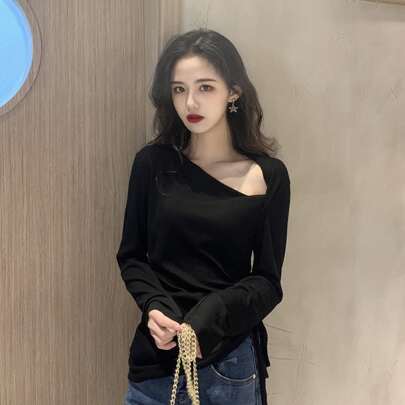 솔리드 비대칭넥 스트링 아랫단 티