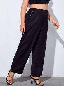Plus High Waist Buttoned Detail Wide Leg Pants