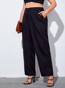 Plus High Waist Buttoned Detail Wide Leg Pants