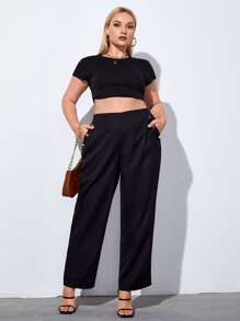 Plus High Waist Buttoned Detail Wide Leg Pants