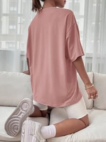 SHEIN Unity Áo thun nữ Lá thư Giải trí - Hồng - Xem 2