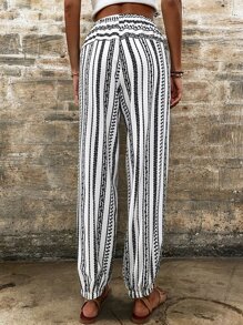 SHEIN Holidaya Striped Knot Front Lantern Trousers - White - View 2