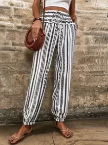 SHEIN Holidaya Striped Knot Front Lantern Trousers - White - View 3