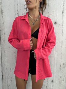 SHEIN VCAY Solid Drop Shoulder Shirt - Red - View 5