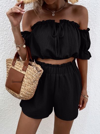 SHEIN VCAY Off Shoulder Knot Front Crop Top & Paper Bag Waist Shorts