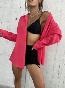 SHEIN VCAY Solid Drop Shoulder Shirt - Red - View 1