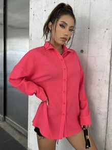 SHEIN VCAY Solid Drop Shoulder Shirt - Red - View 6