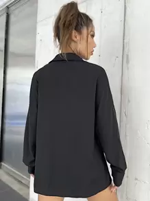 SHEIN Holidaya Solid Drop Shoulder Shirt Fall Cloth For Women - Black - View 2