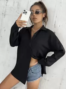 SHEIN Holidaya Solid Drop Shoulder Shirt Fall Cloth For Women - Black - View 5