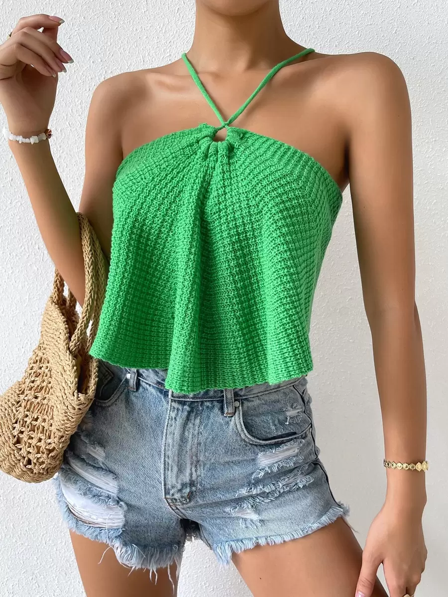 SHEIN Holidaya 露背繫帶吊脖針織上衣 - 綠色 - 查看 1