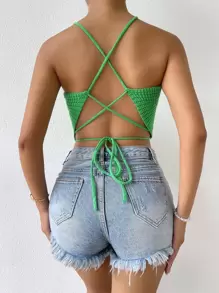 SHEIN Holidaya 露背繫帶吊脖針織上衣 - 綠色 - 查看 2