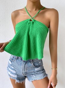 SHEIN Holidaya 露背繫帶吊脖針織上衣 - 綠色 - 查看 5