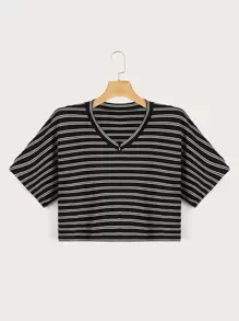 ROMWE Camiseta Corta A Rayas - Blanco y Negro - Ver 1