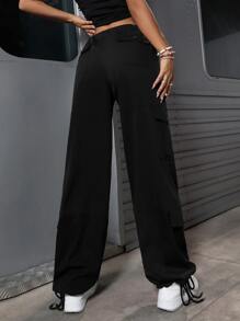 SHEIN Solid Drawstring Waist Cargo Trousers - Black - View 2