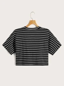 ROMWE Camiseta Corta A Rayas - Blanco y Negro - Ver 2