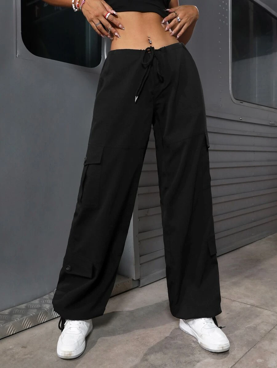 SHEIN Solid Drawstring Waist Cargo Trousers - Black - View 1