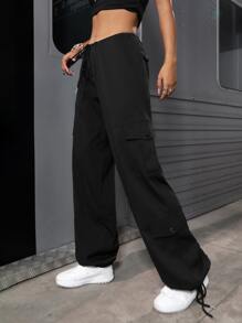 SHEIN Solid Drawstring Waist Cargo Trousers - Black - View 5