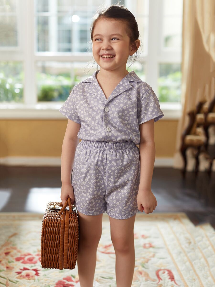 夏季少女可愛碎花短袖短褲2件套套裝-碎花上衣和短褲 - 灰色 - 查看 1