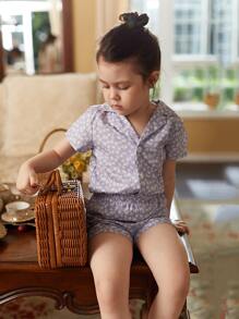 夏季少女可愛碎花短袖短褲2件套套裝-碎花上衣和短褲 - 灰色 - 查看 3