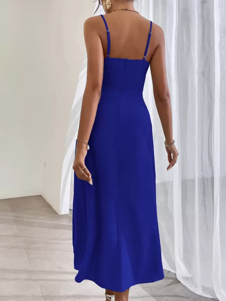 Chiquease Wrap Ruched Split Thigh Cami Dress, Semi Formal Dress Maxi Women Outfit - Royal Blue - View 2