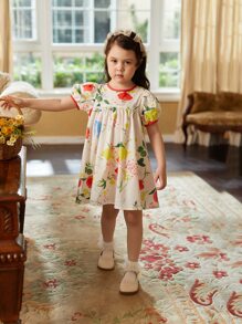 小女童印花泡泡袖洋裝