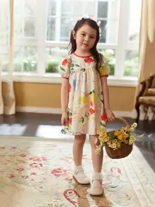 小女童印花泡泡袖洋裝