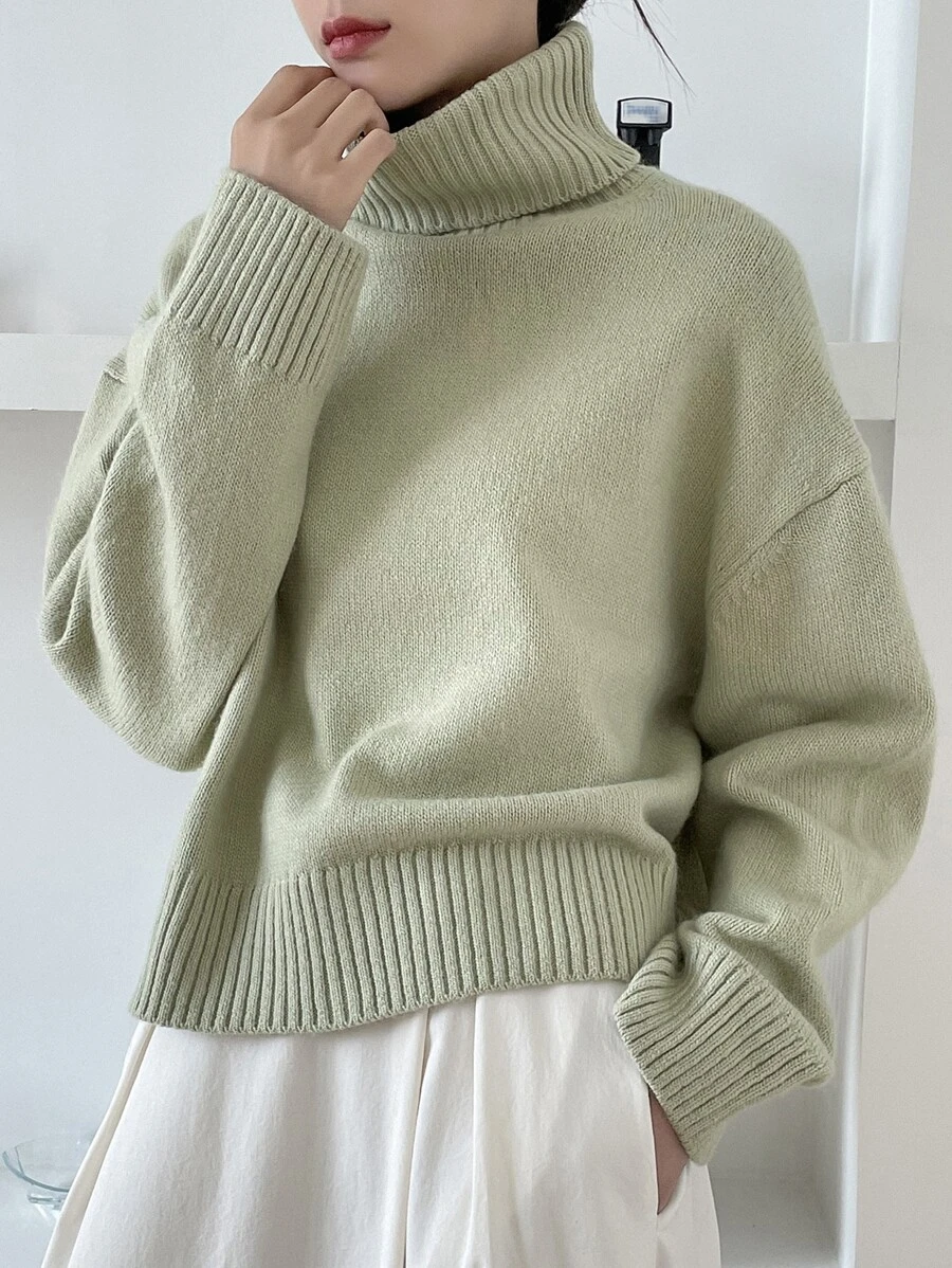 DAZY Drop Shoulder Turtle Neck Jumper - Green - View 1