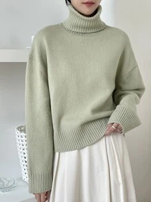 DAZY Drop Shoulder Turtle Neck Jumper - Green - View 3