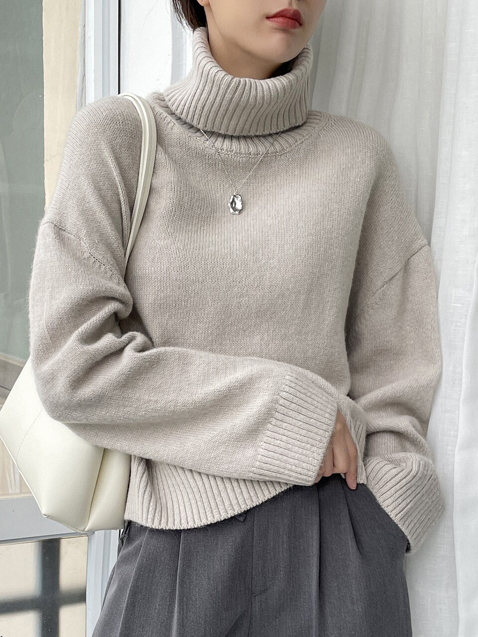 Drop Shoulder Turtle Neck Sweater,Long Sleeve Tops,Fall Women Clothes