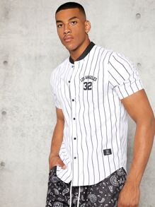 Manfinity RebelGame Áo sơ mi Nam Tương phản ren Đắp vá Nút phía trước Lá thư Sọc Sẵn sàng - trắng - Xem 5