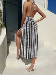 Breezaya Tie Backless Geo Print Split Thigh Halter Dress - Black and White - View 2