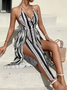 Breezaya Tie Backless Geo Print Split Thigh Halter Dress - Black and White - View 3