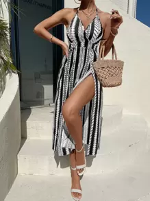 Breezaya Tie Backless Geo Print Split Thigh Halter Dress - Black and White - View 4
