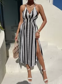 Breezaya Tie Backless Geo Print Split Thigh Halter Dress - Black and White - View 5
