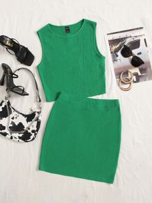 SHEIN EZwear Bộ đồ hai mảnh nữ màu trơn Giải trí - màu xanh lá - Xem 1