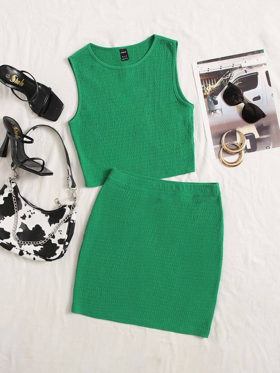 SHEIN EZwear Bộ đồ hai mảnh nữ màu trơn Giải trí - màu xanh lá - Xem 1