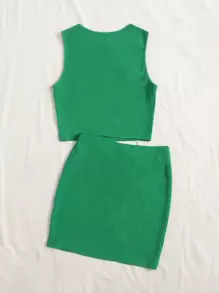 SHEIN EZwear Bộ đồ hai mảnh nữ màu trơn Giải trí - màu xanh lá - Xem 2