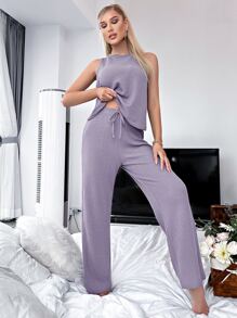 華夫格編織交叉圍裹前打結休閒服套裝 - 淺灰紫 - 查看 2