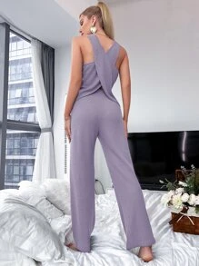 華夫格編織交叉圍裹前打結休閒服套裝 - 淺灰紫 - 查看 4