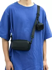 高中生大學新鮮人多功能單肩包斜跨包休閒包迷你字母壓花方形手提包,附錢包,適用於旅行,上學,戶外活動,運動,通勤,假日旅遊必備之選,商務男士夏日送禮之選。 - 黑色 - 查看 1