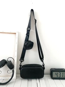 高中生大學新鮮人多功能單肩包斜跨包休閒包迷你字母壓花方形手提包,附錢包,適用於旅行,上學,戶外活動,運動,通勤,假日旅遊必備之選,商務男士夏日送禮之選。 - 黑色 - 查看 3