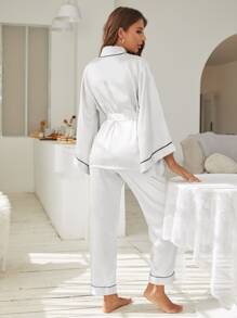 Contrast Piping Belted Satin Pyjama Set - White - View 2