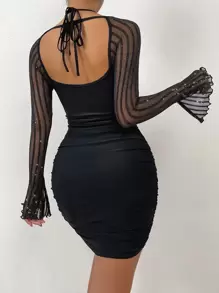 Chiquease Contrast Mesh Halter Bodycon Dress - Black - View 2