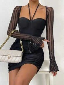 Chiquease Contrast Mesh Halter Bodycon Dress - Black - View 3