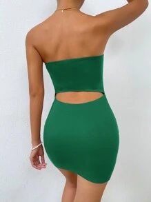 SHEIN Essnce 羅紋針織鏤空抹胸緊身洋裝 - 綠色 - 查看 2