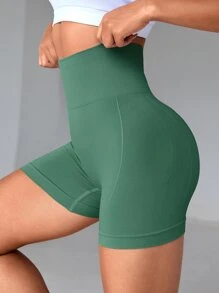 Yoga Basic 寬腰帶運動短褲 - 綠色 - 查看 1