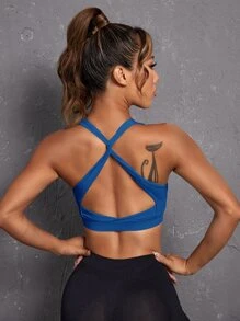 Easithlete Light Support Criss Cross Backless Sports Bra - Blue - View 1