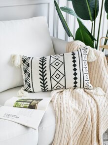 1 pieza Funda de cojín sin relleno con diseño de fleco con patrón geométrico - Blanco y Negro - Ver 1